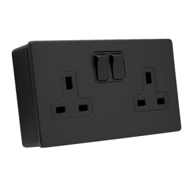 Image of SHP® COMPACT Screwless Ultra Matt Black Metal 2 Gang 13A 4mm Plate Switched Socket and 26mm Surface Mount Pattress Box (2 Socket)