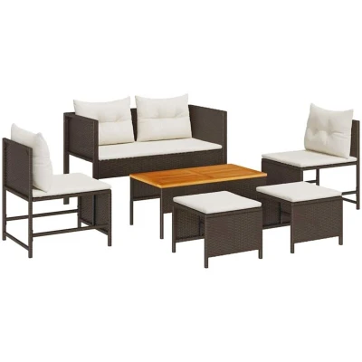 Image of vidaXL Outdoor Sofa Set Brown and Cream Rattan, Wood, Fabric Medium