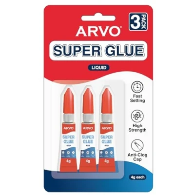 Image of ARVO Super Glue 4g,Pack of 3 All purpose,Fast drying Impact Tough &amp; Fast Setting with Anti Clog Cap Ideal for Metal, Ceramics, Leather