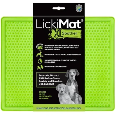 Image of LickiMat X Large Soother Dog Feeding Mat for Boredom and Anxiety Relief Ideal Food Treat, Yoghurt or Peanut Butter, Fun Alternative to a Slow Feeder Bowl, Perfect Breed, Green