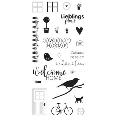 Image of Rayher Set of 23 Clear Silicone Stamps for Card Making and Crafting, Craft in Assorted Home Themed Designs Various Sizes, Welcome Home, 97x205mm, 50276000