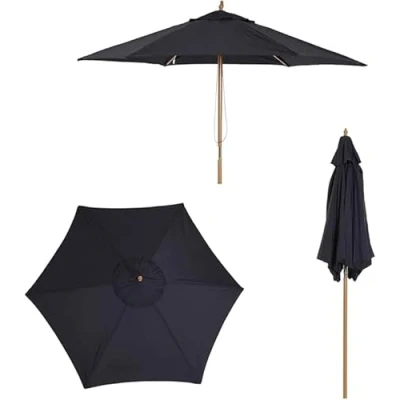 Image of Garden Mile Wooden Black Parasol Outdoor Umbrella Sun Shade for UV Protection Durable Quality Waterproof Patio Furniture 2.4m Parasols Heavy Duty Weatherproof Base Sold Separately