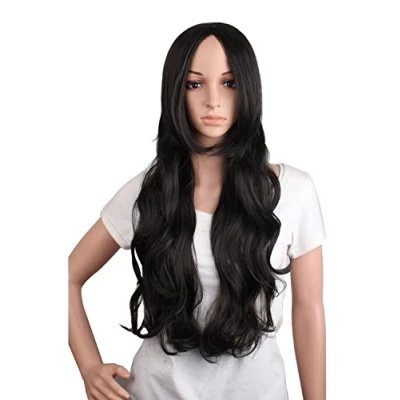 Image of MapofBeauty 28 Inch/70cm Beautiful Charming Women Long Wave Curly Oblique Bangs Synthetic Wig (Black)