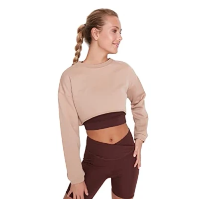 Image of Trendyol Women&#039;s Crew Neck Plain Slim Sweatshirt, Beige, XS UK