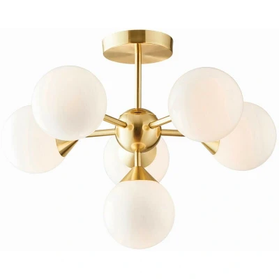 Image of Oscar Semi Flush Satin Brushed Gold Effect Plate &amp; Gloss White Glass 6 Light Dimmable IP20 G9