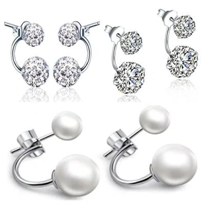 Image of Yumilok Jewelry 3 Pairs 925 Sterling Silver Pearls Crystal Cubic Zirconia Double Balls Front and Back Earrings Studs Earring Jackets, Hypoallergenic
