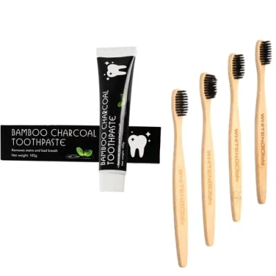 Image of Whitengolabs Activated Bamboo Charcoal Teeth Whitening Toothpaste Stain Removal, Fresh Breath + 4 Eco Toothbrush with Biodegradable Soft bristles