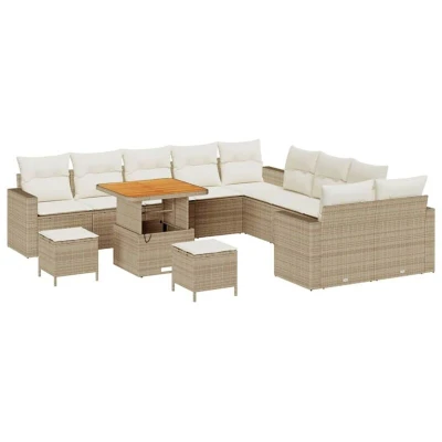Image of vidaXL 13 Piece Garden Sofa Set with Cushions Beige Poly Rattan Acacia