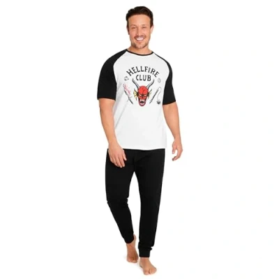 Image of Stranger Things Mens Pyjamas Set Nightwear T Shirt &amp; Long Bottoms PJs Lounge for Men and Teenagers Gifts Him (Black/White, 2XL)