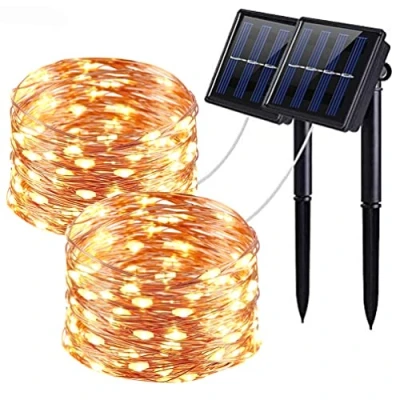 Image of Solar Fairy Lights Outdoor, 2 Pack 100 LED 12M/33Ft String Garden Waterproof, 8 Modes Copper Wire for Patio Yard Trees Christmas Wedding Party Decor (Warm white)