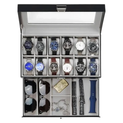 Image of ProCase Watch Box for Men, 12 Slot Mens Case With Drawer, Display Glass Lid, 2 Layer Holder Organizer, Jewelry and Storage Gift Men Women 12Slot, Black