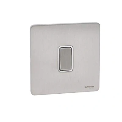 Image of Schneider Electric Ultimate Screwless Flat Plate Single Rocker 2 Way Light Switch, Pole, 16AX, GU1412WSS, Stainless Steel with White Insert