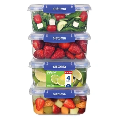 Image of Sistema KLIP IT PLUS Leakproof Food Storage Containers 1 L Airtight &amp; Stackable Meal Prep with Lids School Lunch Boxes BPA Free 4 Count