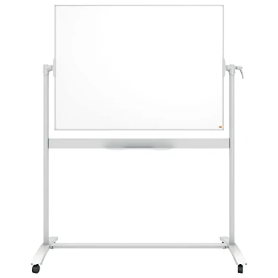 Image of Nobo Enamel Mobile Dry Wipe Magnetic Whiteboard With Horizontal Pivot (Flips Top To Bottom), Free Standing On Castor Wheels, Pen Tray Holder, Magnets &amp; Marker, White, 1901033