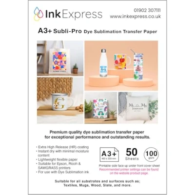 Image of Ink Express Subli Pro A3+ 100gsm Dye Sublimation Transfer Paper Compatible with EPSON, SAWGRASS, RICOH, Brother Printers (50 Sheets)