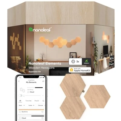 Image of Nanoleaf Elements Hexagon Expansion Pack, 3 Additional Wood Look Light Panels Dimmable &amp; Modular Smart LED Wi Fi Wall Mood Lights, Works with Alexa Google Assistant Apple Homekit, for Room Decor