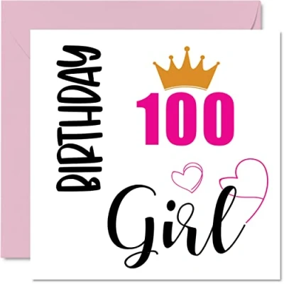 Image of 100th Birthday Card for Women Girl Happy Cards 100 Year Old Woman Great Grandma Nanny Step Mum Auntie, 145mm x One Hundred Hundredth Bday Greeting Gift