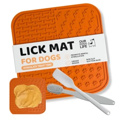 Image of Slow Feeding licky mats for Dogs with Suction Cup, Spreader, &amp; Brush Effective Boredom Anxiety Reducer Anti Slip, Stimulating Design Easy to Clean dog lick