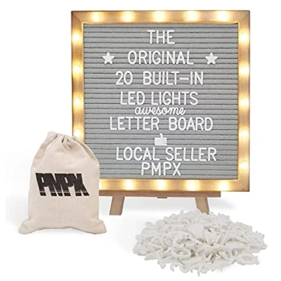 Image of Letter Board THE ORIGINAL Gray Felt with Stand, Built in LED Lights 10 x Menu + Wood Frame, 340 Letters, Emojis Cursive words Custom Sign Messages, Pregnancy Announcement, Weddings