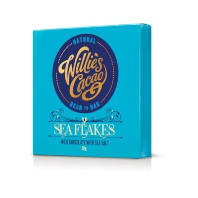 Image of Willie&#039;s Cacao sea flakes Milk chocolate bar, 44% with of Cornish salt 50g x 12 Artisan Bean to bar
