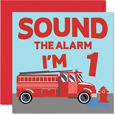 Image of 1st Birthday Card Boy Fire Engine Happy 1 Year Old Boy, Boys Cards for Him, 145mm x Greeting Son, Brother, Grandson, Nephew, Cousin, God First