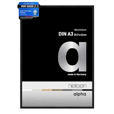 Image of nielsen Alpha Photo Frame A3, 29.7x42cm Aluminium Picture Frame, Black with Protective Float Glass and Push Turn Clips Jet Matt