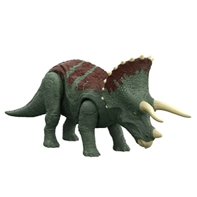 Image of Jurassic World Dominion Roar Strikers Triceratops Dinosaur Action Figure with Roaring Sound and Attack Action, Toy Gift Physical &amp; Digital Play ​​​