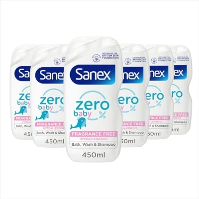 Image of Sanex Zero% Hypoallergenic Baby Bath Foam &amp; Shampoo 450ml x 6 0% fragrance, colourants, sulphates* soap soothes delicate skin paediatrician approved tear free formula