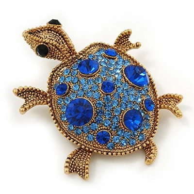 Image of Avalaya Sapphire/Sky Blue Coloured Diamante &#039;Turtle&#039; Brooch in Gold Plating 5.5cm Length