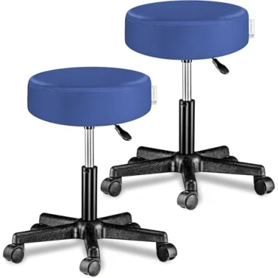 Image of CASARIA 2x 35cm Blue Rolling Stool with Wheels Height Adjustable 360 Rotatable Padded Swivel Chair Double Castors Roll Comfortable Upholstered Seating Office Workshop Salon