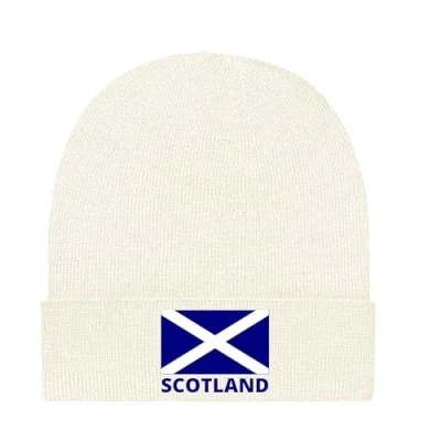 Image of Fidra Scotland White Beanie Hat with Embroidered Saltire Flag, Winter Knit Cap