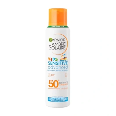 Image of Garnier Ambre Solaire SPF 50+ Kids Anti Sand Mist, Children&#039;s Sun Protection Spray, Non Greasy and Fast Absorbing, Water Resistant, Hypoallergenic, Sensitive Advanced, 150 ml