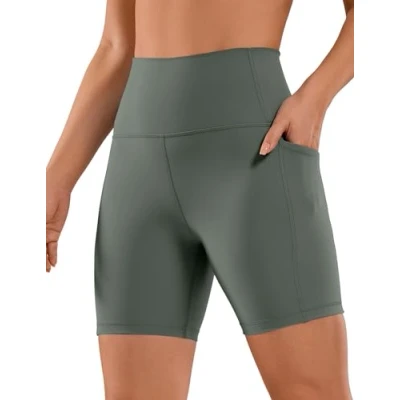 Image of CRZ Yoga Women&#039;s Naked Feeling 6&#039;&#039; Cycling Shorts with Pockets High Waisted Gym Tummy Control Grey Sage 14