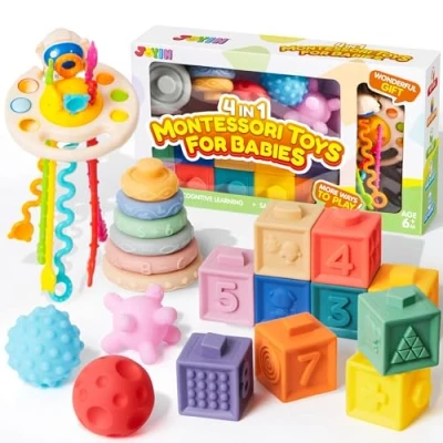 Image of JOYIN Baby Toys 6 12 Months, 20PCS Montessori for Toddlers 1 Year, 4 in Infant Sensory &amp; Teething Toys, Stacking Rings, Blocks, Pull Strings and Balls, Gifts Girls Boys