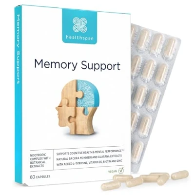 Image of Healthspan Memory Support (60 Capsules) Supports Your Concentration, and Cognitive Health Biotin Zinc Bacopa Monnieri Extract Guarana for Alertness Vegan