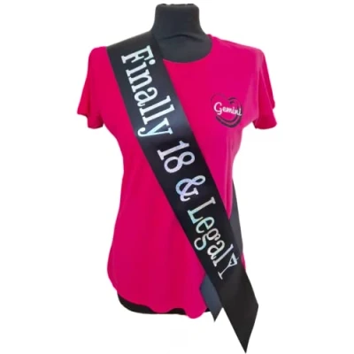 Image of 18th Birthday Sash Finally 18 &amp; Legal Beautiful Quality Black Ribbon and Holographic Silver Font