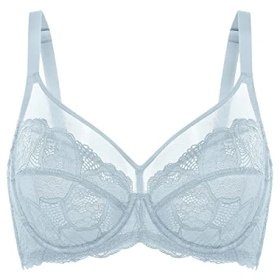 Image of DOBREVA Women&#039;s Lace Full Coverage Minimiser Bra Unlined Underwire See Through Plus Size Arctic Blue 32D