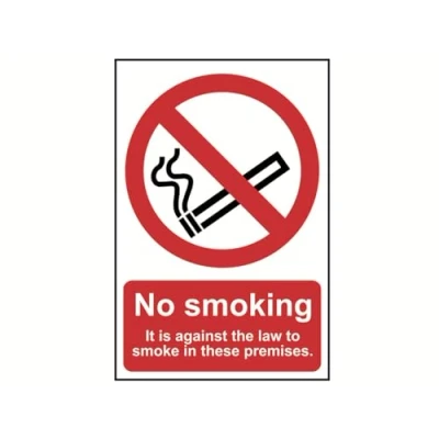 Image of Scan SCA0567 Self adhesive PVC sign No smoking It is against the law to smoke on these premises 200 x 300mm