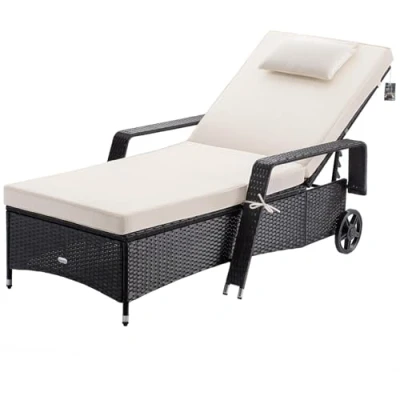 Image of CASARIA® Wheeled Polyrattan Sun Lounger with 7cm Thick Water Repellent Cushion &amp; Pillow Adjustable Backrest 193x90cm 165kg Capacity Outdoor Patio Garden Pool Deck Chair Black Cream