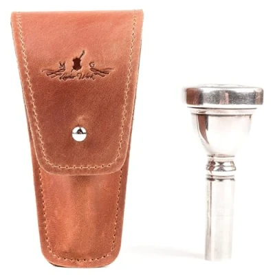 Image of Trombone/Euphonium Mouthpiece Holder. Genuine Leather Single Pouch protection bag case. Trombone &amp; Euphonium accessories (Light brown)