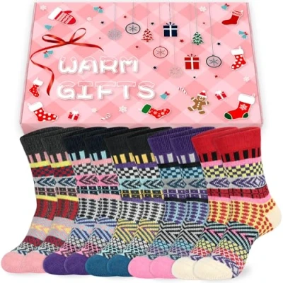 Image of ouhos 5 Pairs Womens Ladies Thermal Nordic Socks, Winter Wool Thick Warm Walking Hiking Work Boot Socks Christmas Gifts for Women