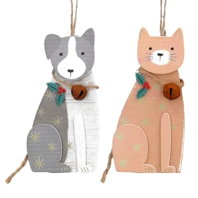 Image of Gisela Graham New England Wooden Dog &amp; Cat Christmas Decorations set of two