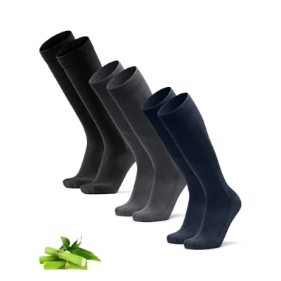 Image of DANISH ENDURANCE Knee High Bamboo Dress Socks, Over The Calf, Super Soft, Men &amp; Women, 3 Pack, Multicolour (1x Black, 1x Grey, Navy), 6 8