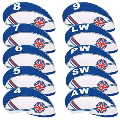 Image of TOHMLAPE Golf 10pcs UK Flag Patterned Neoprene Club Wedge Iron Head covers cover set Headcovers Protect Case,White &amp; Blue