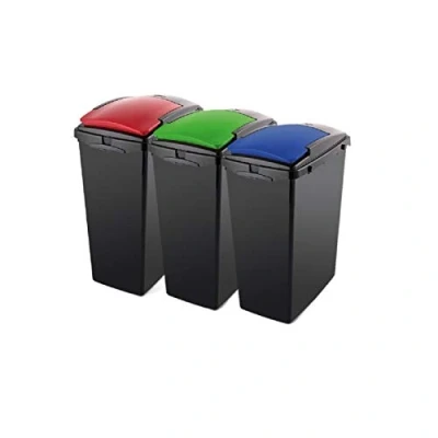 Image of Addis Recycling 40 Litre Set of 3 Waste Utility Plastic Bins Interlocking Clips, Lift, Red &amp; Green, Black Colour Coded Lids Blue, Red, x