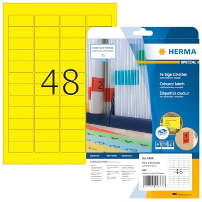 Image of HERMA Self Adhesive Coloured Labels, 48 Labels per A4 Sheet, 20 Sheets, 45.7 x 21.2 mm, 960 Blank Removable Colour Stickers, Sticky for Laser &amp; Inkjet Printer, Yellow
