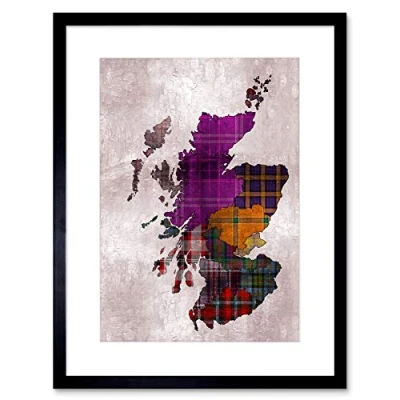 Image of Wee Blue Coo Painting Map Outline Scotland Tartan Inset Regions Framed Wall Art Print