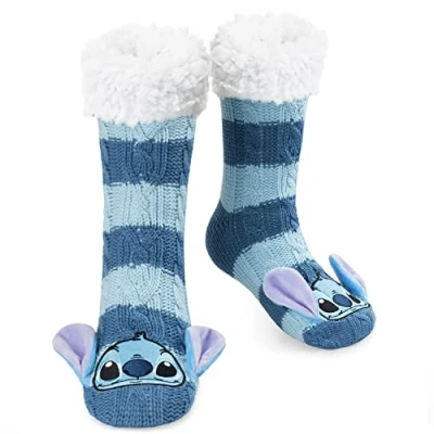 Image of Disney Women&#039;s Slippers Socks Fluffy Slipper (Blue Stripe Stitch)