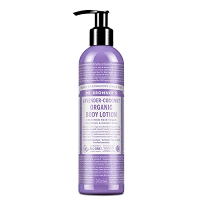 Image of Dr Bronner&#039;s 3 in 1 Lavender &amp; Coconut Organic Hand and Body Lotion, Made with Oils, Used for Hands, Face Body, Certified Fair Trade Vegan Friendly, 236ml Recycled Pump Bottle