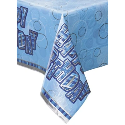 Image of Unique Party 28453 Glitz Blue Birthday Plastic Tablecloth, 7ft x 4.5ft